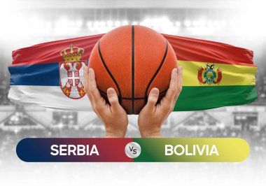 Sırbistan Bolivya milli basketbol takımlarına karşı basketbol topu yarışma kupası konsepti imajı