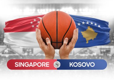 Singapur Kosova milli basketbol takımlarına karşı basketbol topu yarışma kupası konsepti imajı