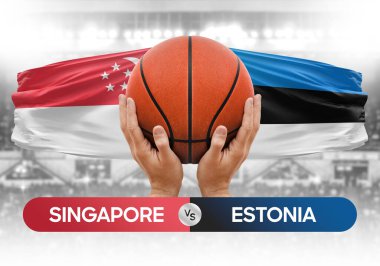 Singapur, Estonya 'ya karşı milli basketbol takımları basketbol maçı kupası konsepti imajı