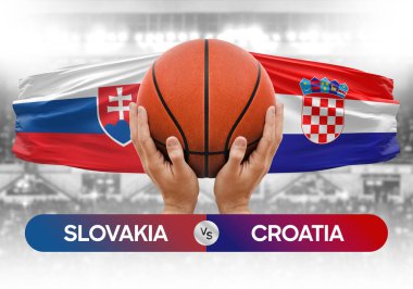 Slovakya, Hırvatistan milli basketbol takımlarına karşı basketbol topu yarışma kupası konsepti imajı