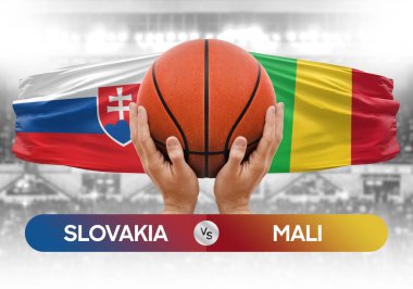 Slovakya Mali milli basketbol takımlarına karşı basketbol topu yarışma kupası konsepti imajı