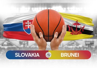 Slovakya Brunei milli basketbol takımlarına karşı basketbol topu yarışma kupası konsepti imajı