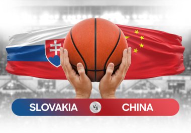 Slovakya Çin milli basketbol takımlarına karşı basketbol topu yarışma kupası konsepti imajı