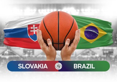 Slovakya Brezilya milli basketbol takımlarına karşı basketbol topu yarışma kupası konsepti imajı