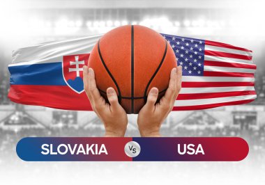 Slovakya, ABD milli basketbol takımlarına karşı basketbol topu yarışma kupası konsepti