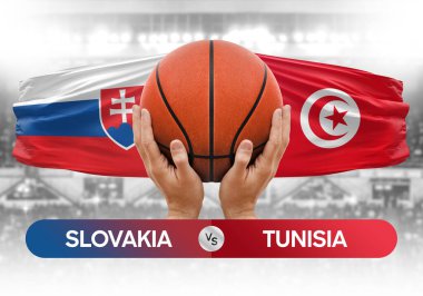 Slovakya Tunus milli basketbol takımlarına karşı basketbol topu yarışma kupası konsepti