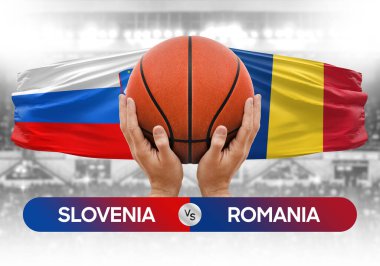 Slovenya Romanya milli basketbol takımlarına karşı basketbol topu yarışma kupası konsepti imajı