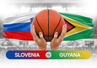 Slovenya Guyana milli basketbol takımlarına karşı basketbol topu yarışma kupası konsepti imajı