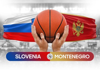 Slovenya Karadağ milli basketbol takımlarına karşı basketbol topu yarışma kupası konsepti imajı