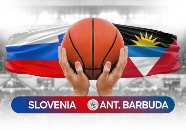 Slovenya, Antigua ve Barbuda milli basketbol takımlarına karşı basketbol topu yarışma kupası konsepti imajı