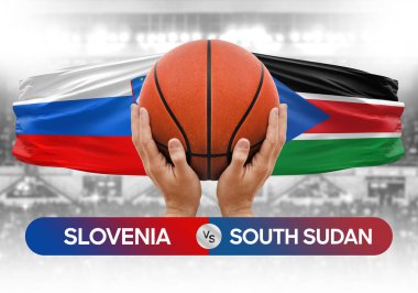 Slovenya, Güney Sudan milli basketbol takımlarına karşı basketbol topu yarışma kupası konsepti imajı