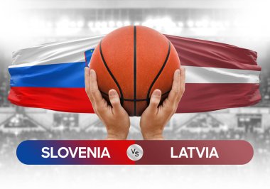 Slovenya Letonya milli basketbol takımlarına karşı basketbol topu yarışma kupası konsepti imajı