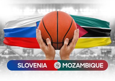 Slovenya, Mozambik milli basketbol takımlarına karşı basketbol topu yarışma kupası konsepti imajı