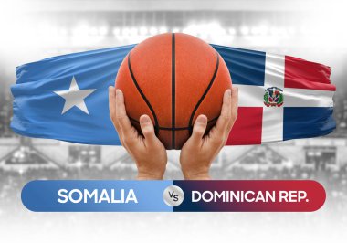 Somali Dominik Cumhuriyeti milli basketbol takımlarına karşı basketbol topu yarışma kupası konsepti