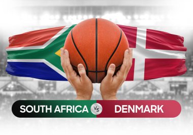 Güney Afrika Danimarka milli basketbol takımlarına karşı basketbol topu yarışma kupası konsepti