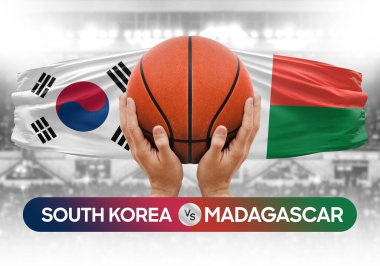 Güney Kore Madagaskar 'a karşı milli basketbol takımları basketbol topu yarışma kupası konsepti imajı