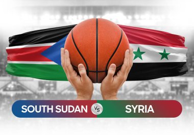 Güney Sudan Suriye 'ye karşı milli basketbol takımları basketbol topu yarışma kupası konsepti imajı