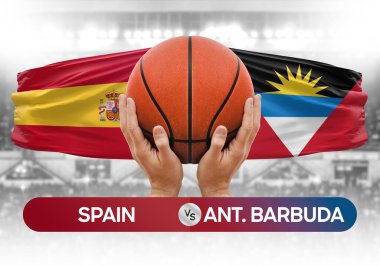 İspanya, Antigua ve Barbuda milli basketbol takımlarına karşı basketbol topu yarışma kupası konsepti