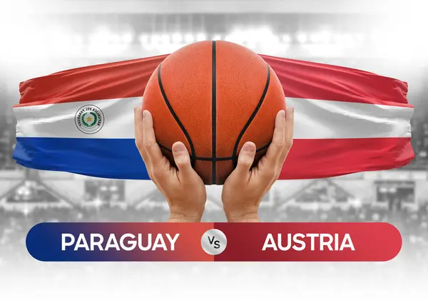 Paraguay Avusturya milli basketbol takımlarına karşı basketbol topu yarışma kupası konsepti