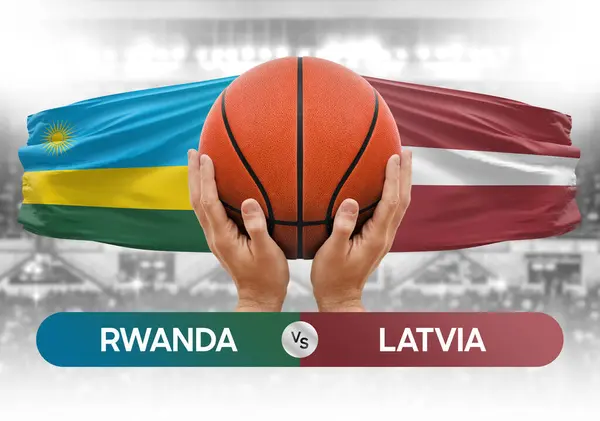 Ruanda Letonya milli basketbol takımlarına karşı basketbol topu yarışma kupası konsepti