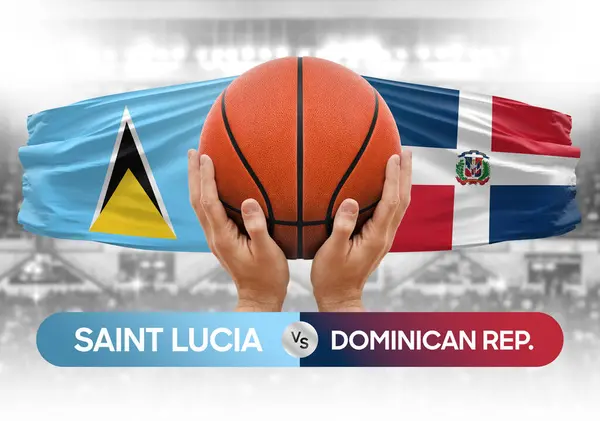 Saint Lucia, Dominik Cumhuriyeti Milli Basketbol Takımı 'na karşı. Basketbol maçı kupası konsepti.