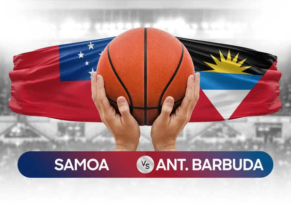 Samoa, Antigua ve Barbuda milli basketbol takımlarına karşı basketbol topu yarışma kupası konsepti