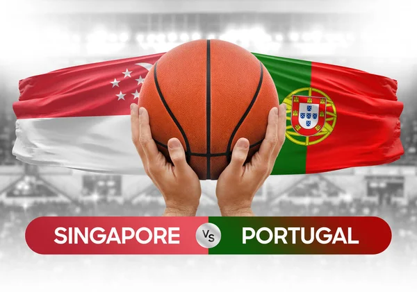 Singapur, Portekiz milli basketbol takımlarına karşı basketbol topu yarışma kupası konsepti imajı