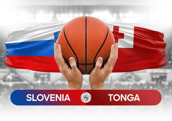 Slovenya, Tonga milli basketbol takımlarına karşı basketbol topu yarışma kupası konsepti imajı