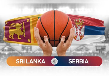 Sri Lanka Sırbistan milli basketbol takımlarına karşı basketbol topu yarışma kupası konsepti imajı