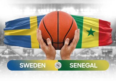 İsveç, Senegal milli basketbol takımlarına karşı basketbol topu yarışma kupası konsepti imajı