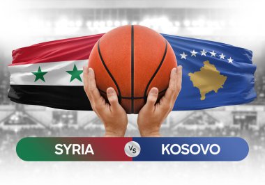 Suriye Kosova milli basketbol takımlarına karşı basketbol topu yarışma kupası konsepti imajı