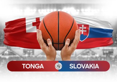 Tonga, Slovakya milli basketbol takımlarına karşı basketbol topu yarışma kupası konsepti