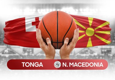 Tonga, Kuzey Makedonya milli basketbol takımlarına karşı basketbol topu yarışma kupası konsepti imajı