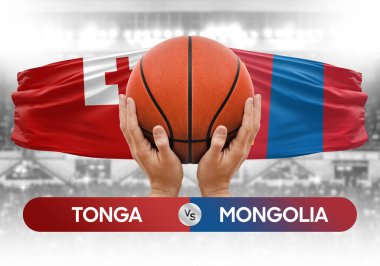 Tonga Moğolistan milli basketbol takımlarına karşı basketbol topu yarışma kupası konsepti