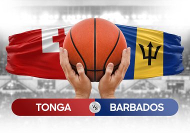 Tonga Barbados 'a karşı milli basketbol takımları basketbol topu yarışma kupası konsepti imajı