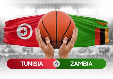 Tunus Zambiya 'ya karşı milli basketbol takımları basketbol topu yarışma kupası konsepti imajı