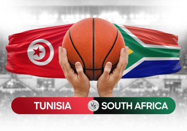 Tunus, Güney Afrika milli basketbol takımlarına karşı basketbol topu yarışma kupası konsepti imajı