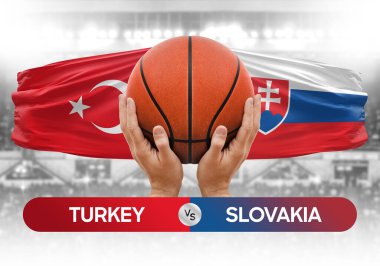 Türkiye Slovakya milli basketbol takımlarına karşı basketbol topu yarışma kupası konsepti imajı