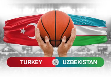 Türkiye Özbekistan milli basketbol takımlarına karşı basketbol topu yarışma kupası konsepti
