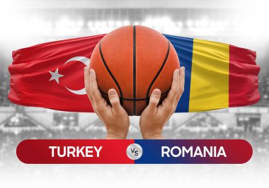 Türkiye Romanya milli basketbol takımlarına karşı basketbol topu yarışma kupası konsepti