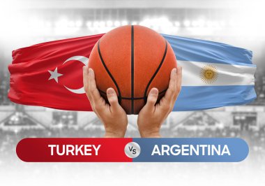 Türkiye Arjantin milli basketbol takımlarına karşı basketbol topu yarışma kupası konsepti