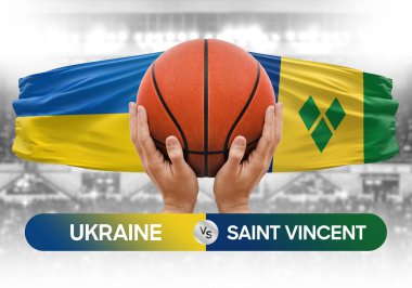 Ukrayna, Saint Vincent Grenadines 'e karşı milli basketbol takımları basketbol topu yarışma kupası konsepti