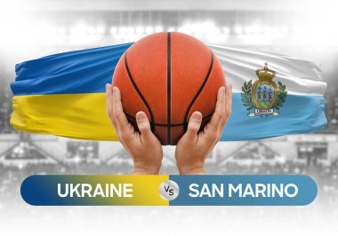 Ukrayna San Marino milli basketbol takımlarına karşı basketbol topu yarışma kupası konsepti