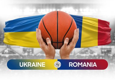 Ukrayna Romanya milli basketbol takımlarına karşı basketbol topu yarışma kupası konsepti imajı