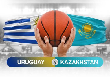 Uruguay Kazakistan milli basketbol takımlarına karşı basketbol topu yarışma kupası konsepti