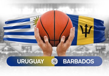 Uruguay Barbados 'a karşı milli basketbol takımları basketbol maçı kupası konsepti