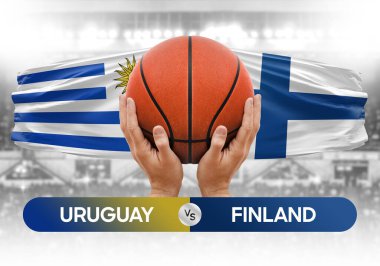 Uruguay Finlandiya milli basketbol takımlarına karşı basketbol topu yarışma kupası konsepti