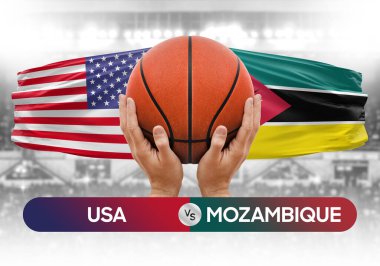 ABD, Mozambik Ulusal Basketbol Takımı 'na karşı basketbol topu yarışma kupası konsepti