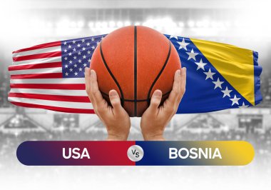 ABD Bosna-Hersek milli basketbol takımlarına karşı basketbol topu yarışma kupası konsepti