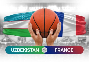 Özbekistan Fransa milli basketbol takımlarına karşı basketbol topu yarışma kupası konsepti imajı